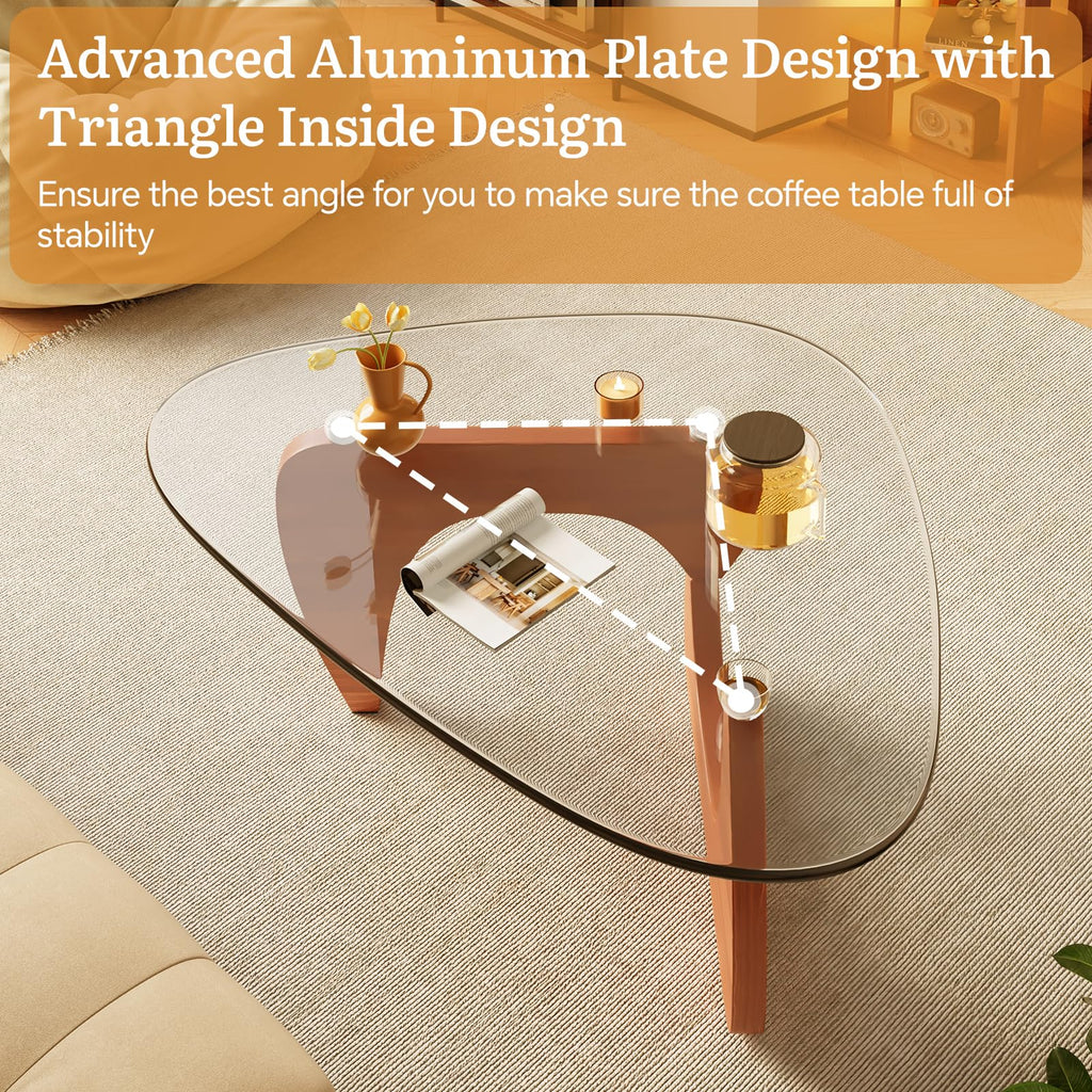 Coffee Tables Glass Small Farmhouse Coffee Table Mid-Century Modern Wood Center Table for Living Room, Walnut Transparent, 32 Inch