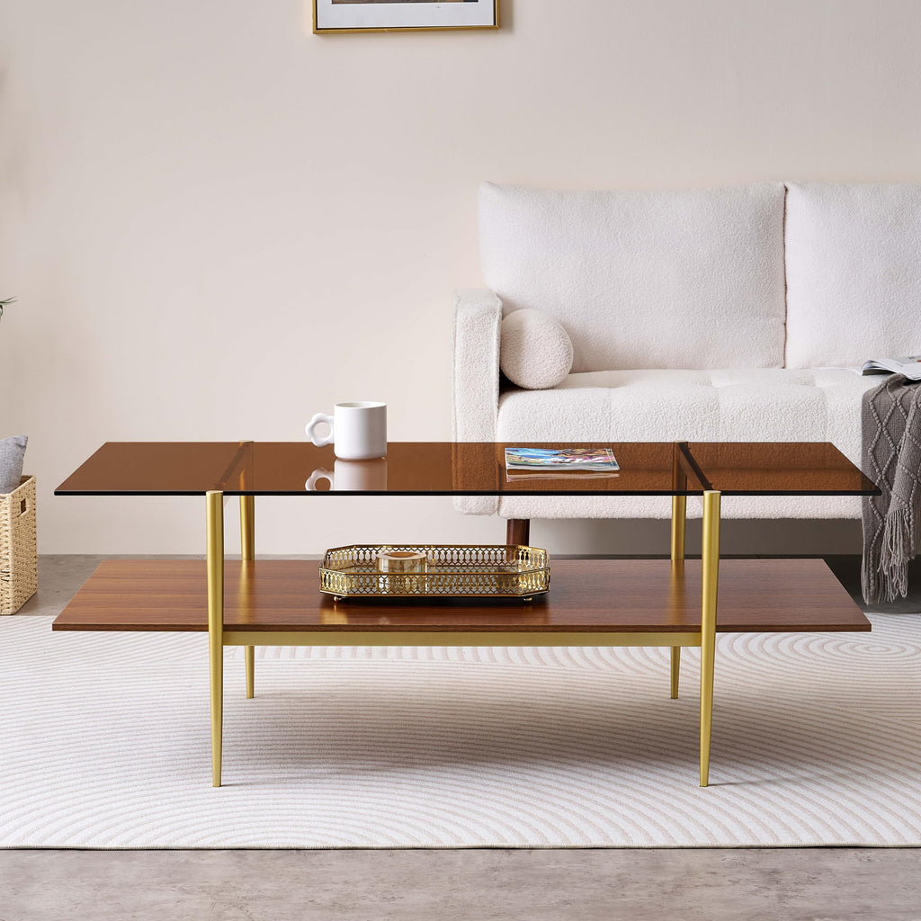 LumFurn Round Coffee Table for Living Room, Mid-Century Modern Design, D30 x H17, 2-Tier Structure, Grey Glass Top and Black Marble Finish Wood Shelf, Sleek Conical Metal Legs with Gold Finish Frame