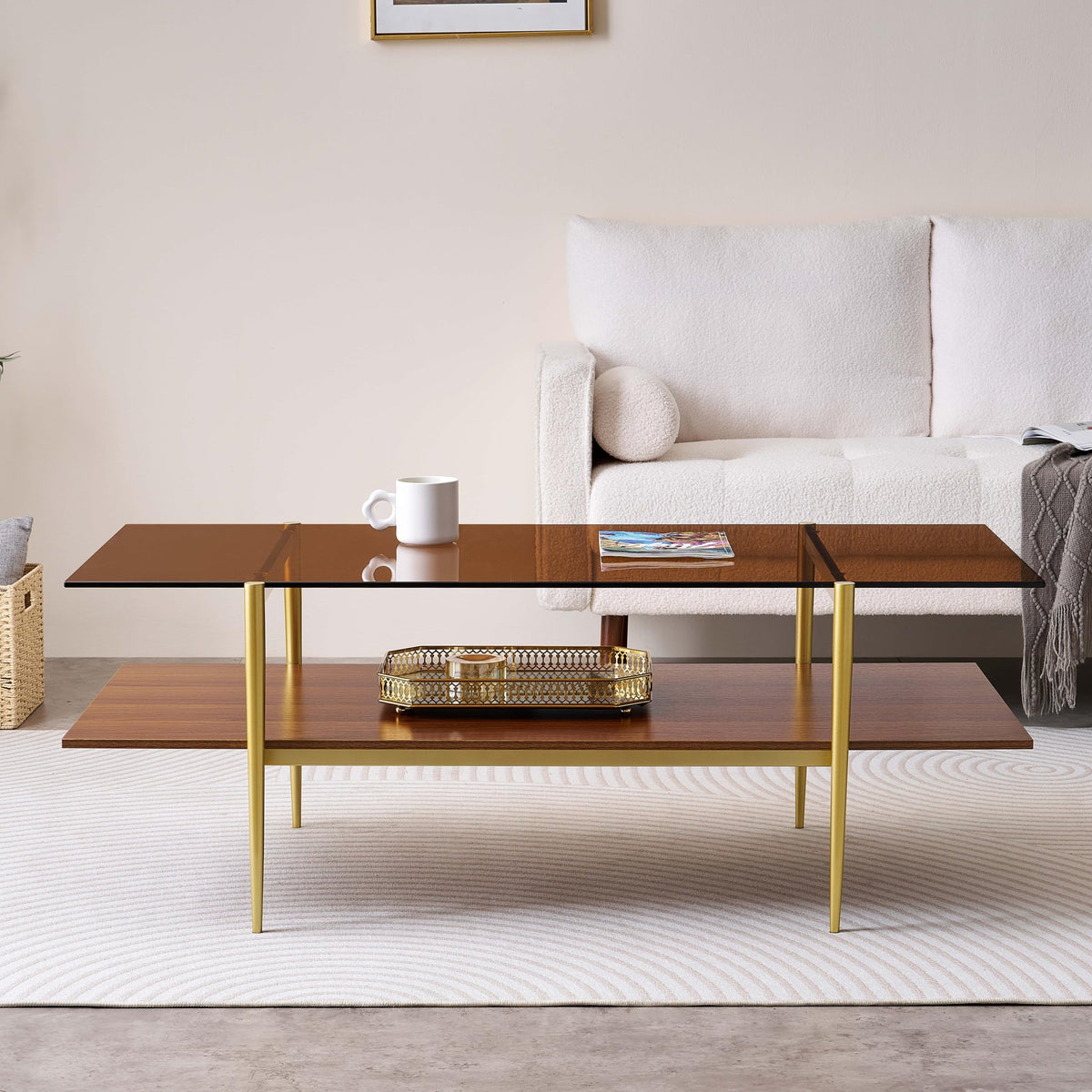 LumFurn Round Coffee Table for Living Room, Mid-Century Modern Design, D30 x H17, 2-Tier Structure, Grey Glass Top and Black Marble Finish Wood Shelf, Sleek Conical Metal Legs with Gold Finish Frame