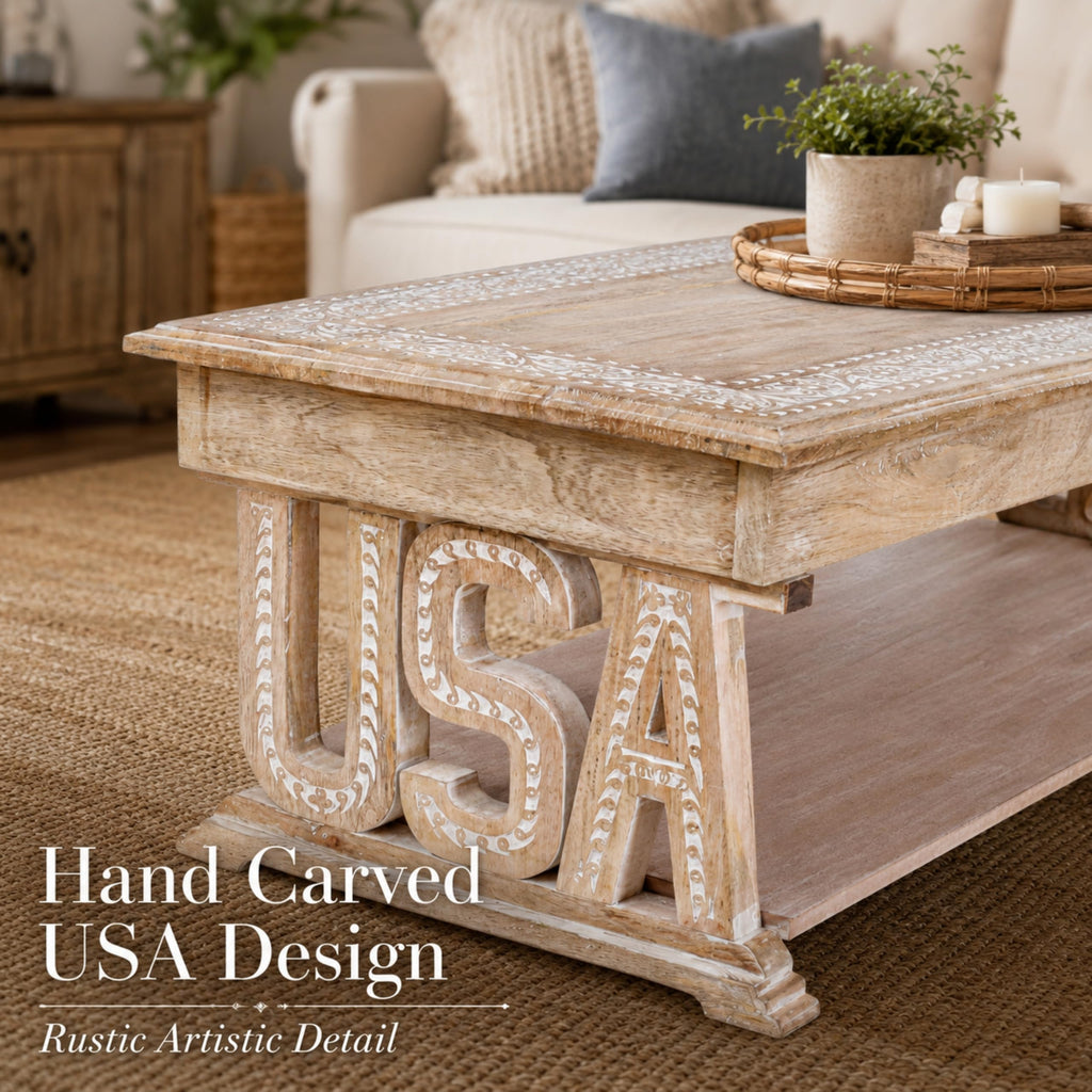 Farmhouse Coffee Table, Jali Carving, 36x24x18 in, Burnt