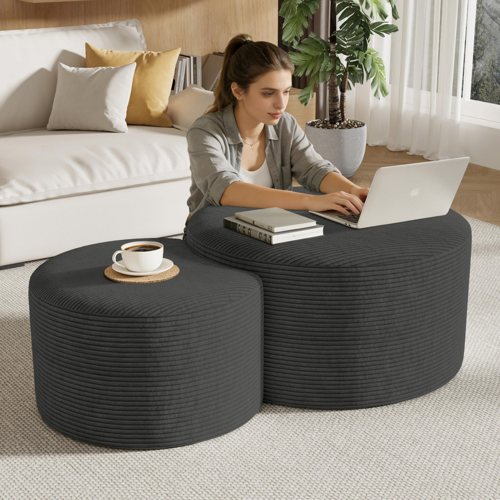 Round Nesting Coffee Table Set of 2,Upholstered Foam Ottoman Footrest Side Table Set,Modern Flannel Circle Coffee Table No Assembly for Living Room Entryway Bedroom,Black