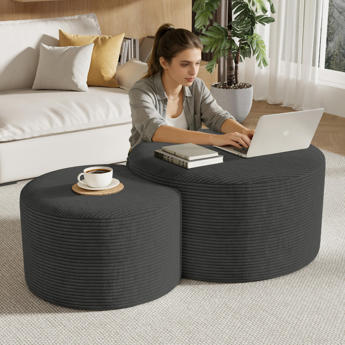 Round Nesting Coffee Table Set of 2,Upholstered Foam Ottoman Footrest Side Table Set,Modern Flannel Circle Coffee Table No Assembly for Living Room Entryway Bedroom,Black