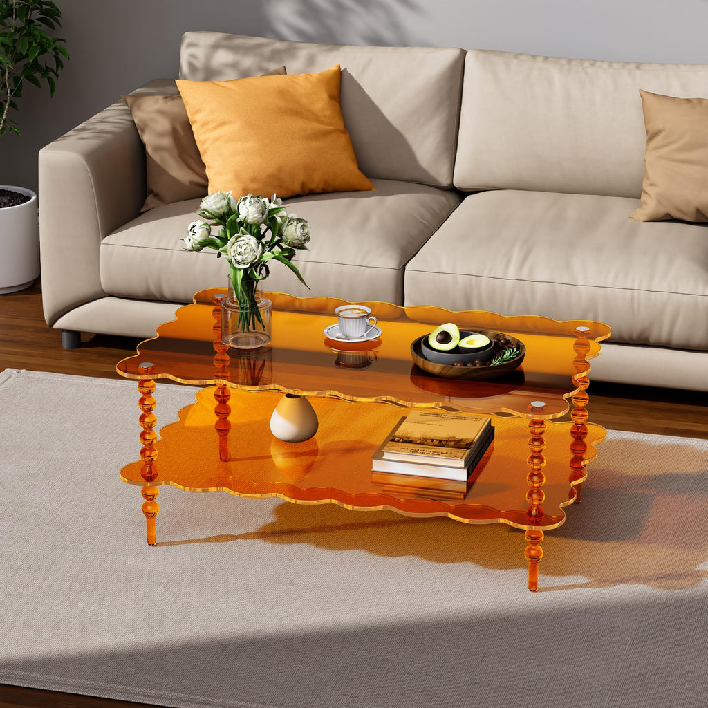 Acrylic Coffee Table, 2-Tier Living Room Table with Storage, Center Table Mid-Modern Century for Living Room, Easy to Assemble (Green, 37.8âÃ23.6âÃ15.7â)