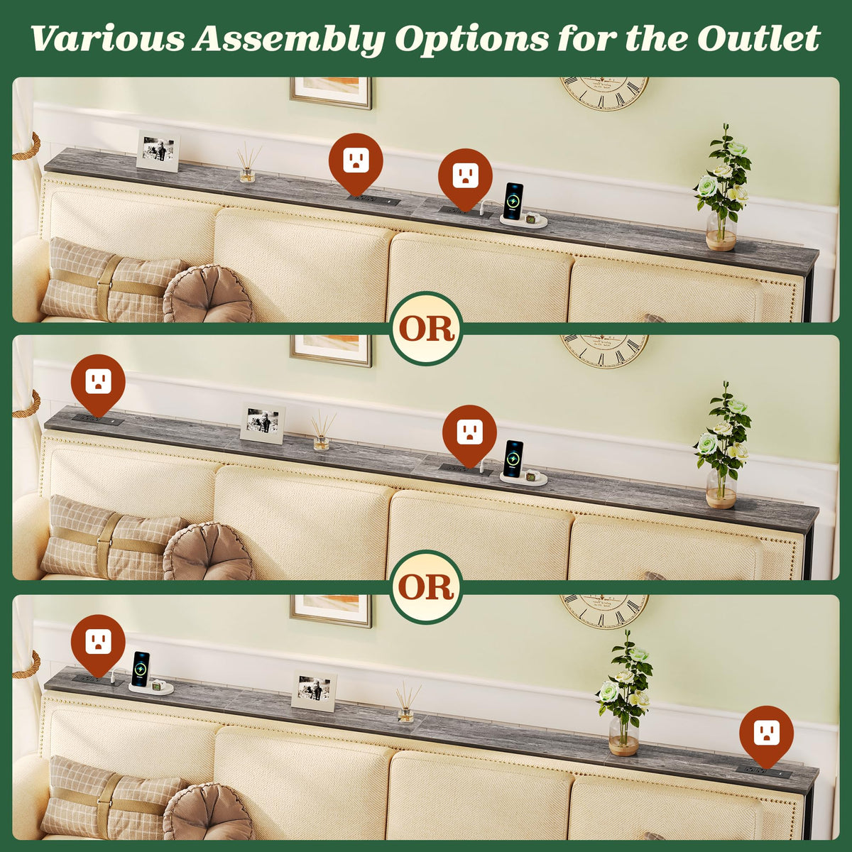 SUPERJARE 110.2 inch Narrow Behind Couch Table with Charging Stations