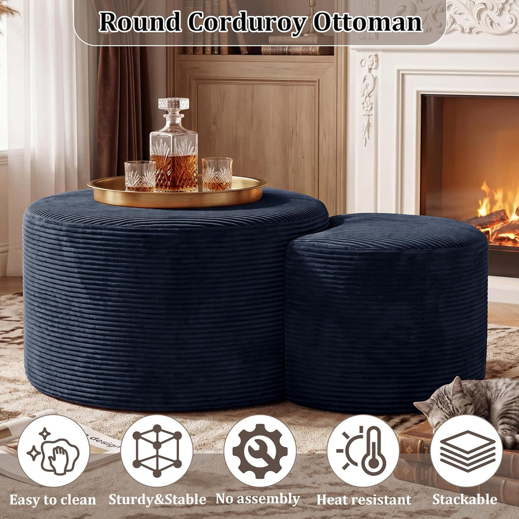 BSHOMGI Nesting Coffee Table Set of 2,Corduroy Ottoman Soft Foot Rest Movable LargePouf Footstool for Living Room Sofa Couch Bedroom Entryway and Small Spaces No Assembly (Blue, 32"+17")