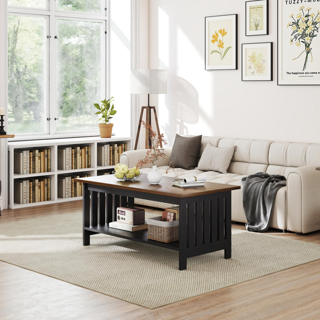 YOSHOOT 47.2" Farmhouse Coffee Table - Coffee Tables for Living Room, Small Coffee Table with Storage, Center Table for Living Room, Bedroom, Office, Black