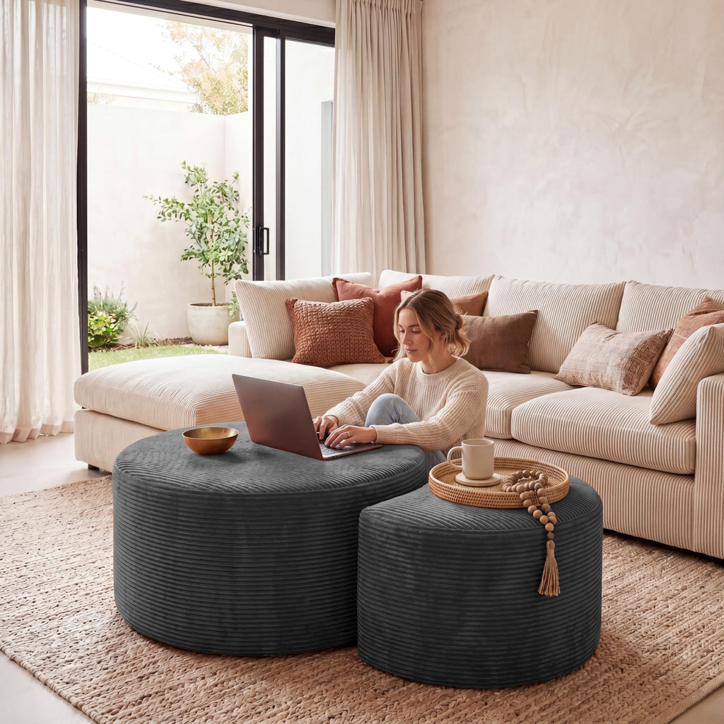 BSHOMGI Nesting Coffee Table Set of 2,Corduroy Ottoman Soft Foot Rest Movable LargePouf Footstool for Living Room Sofa Couch Bedroom Entryway and Small Spaces No Assembly (Blue, 32"+17")