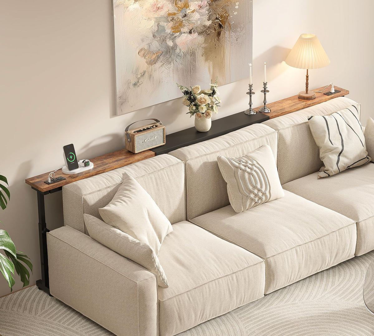 106"-157" Adjustable Length Behind Couch Sofa Table with 3 Power Outlets