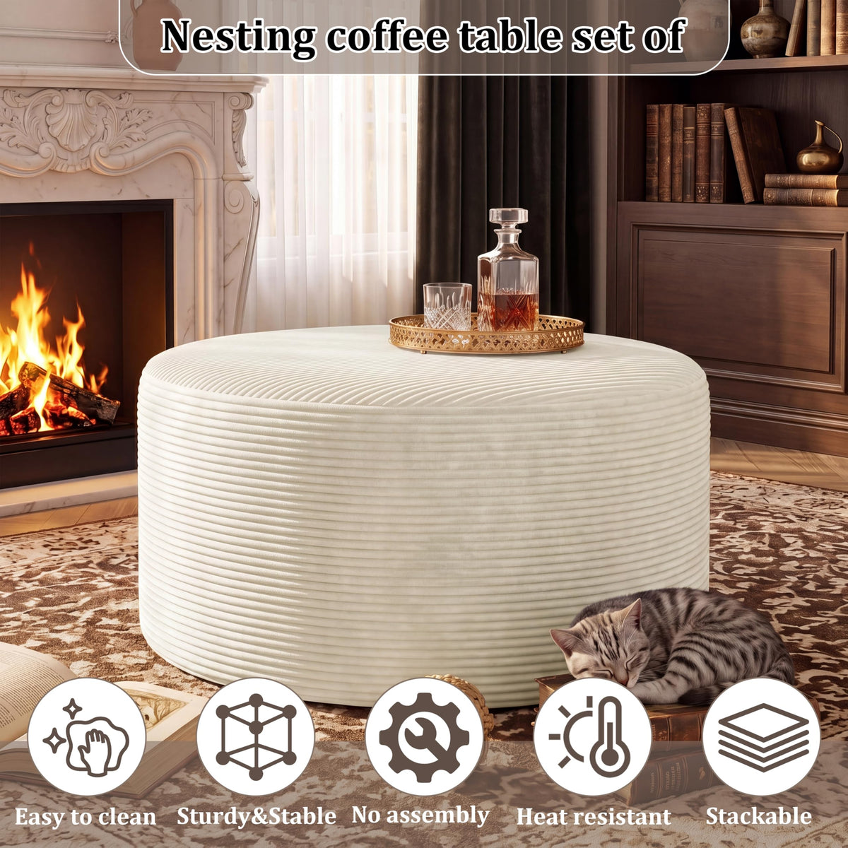 BSHOMGI Nesting Coffee Table Set of 2,Corduroy Ottoman Soft Foot Rest Movable LargePouf Footstool for Living Room Sofa Couch Bedroom Entryway and Small Spaces No Assembly (Blue, 32"+17")