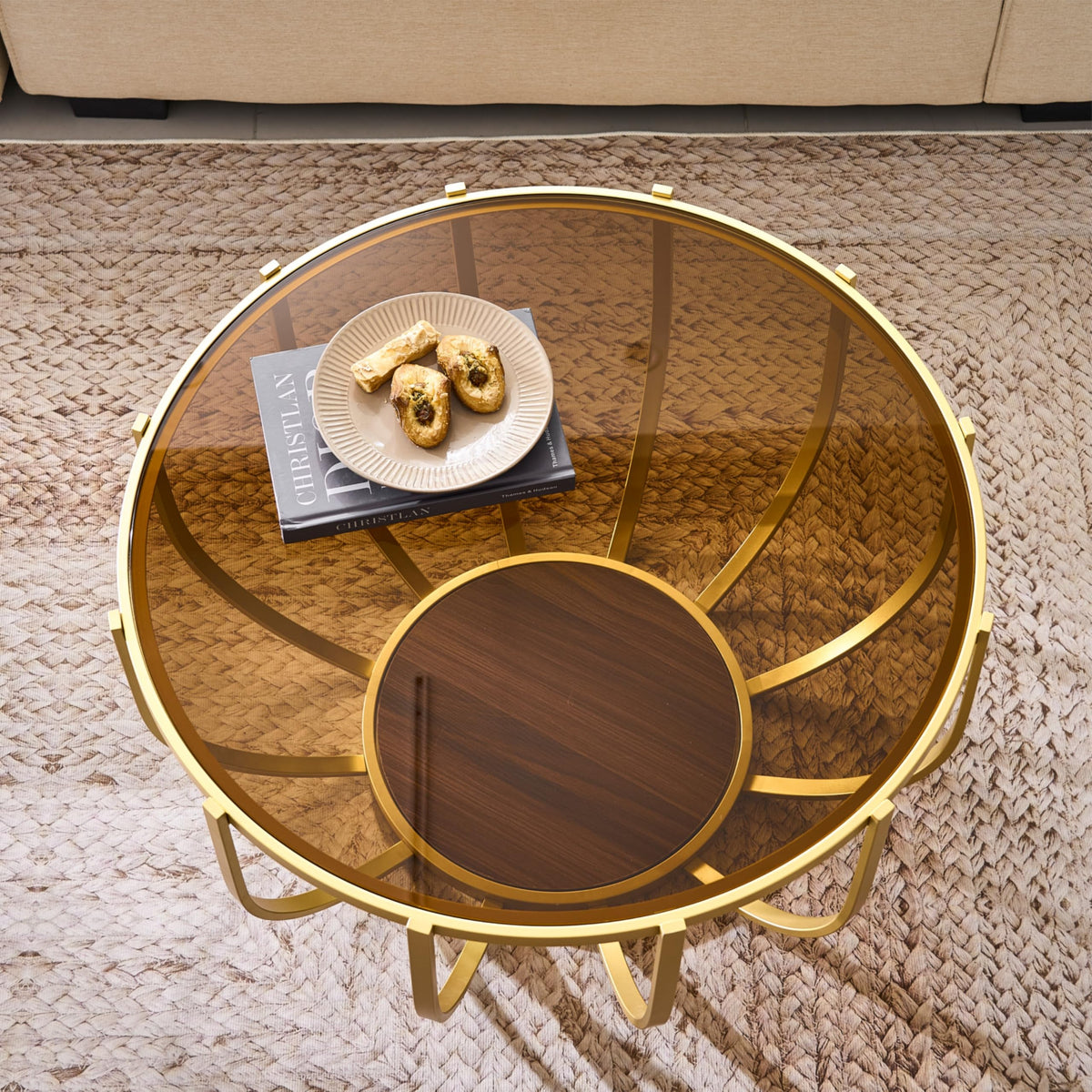 Saint Mossi Gold Round Coffee Table with Clear Glass Top and Glass Shelf