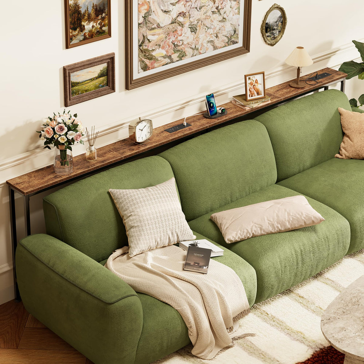 SUPERJARE 110.2 inch Narrow Behind Couch Table with Charging Stations