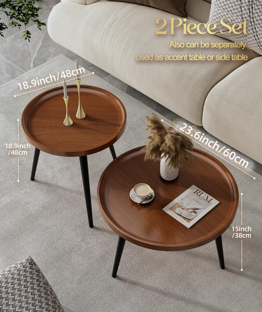 2 Pcs Small Oval Coffee Table,31.5" Retro Walnut Coffee Tables Nesting Tables Set,Easy Assembly Mid Century Modern Coffee Tables for Living Room Office,Coffee Table and End Table Sets