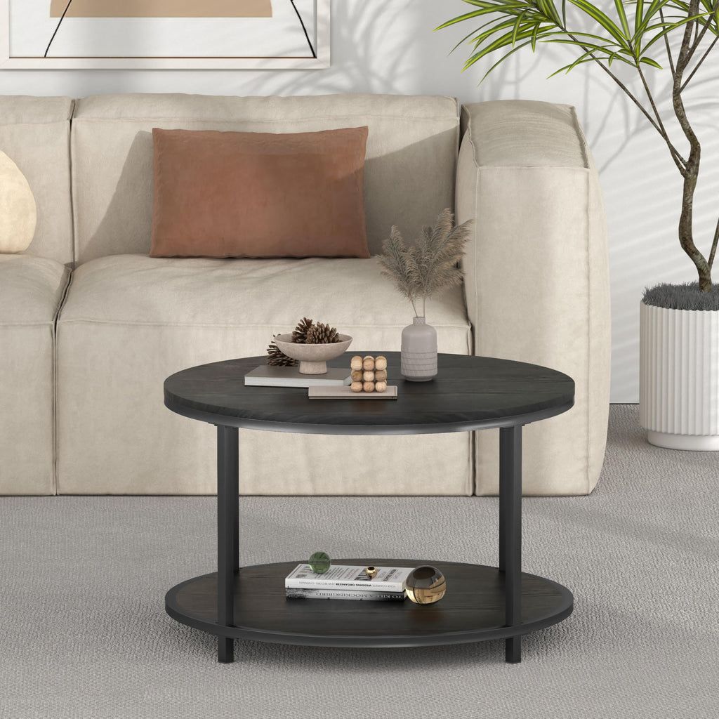 NSdirect Round Coffee Table,36" Coffee Table for Living Room,2-Tier Rustic Wood Desktop with Storage Shelf Modern Design Home Furniture(Light Walnut)