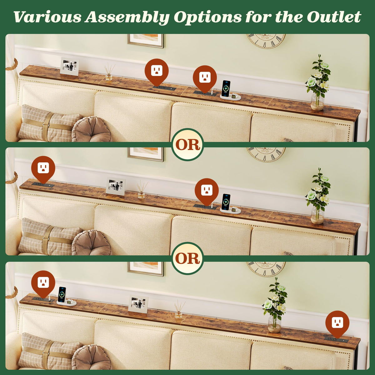 SUPERJARE 110.2 inch Narrow Behind Couch Table with Charging Stations