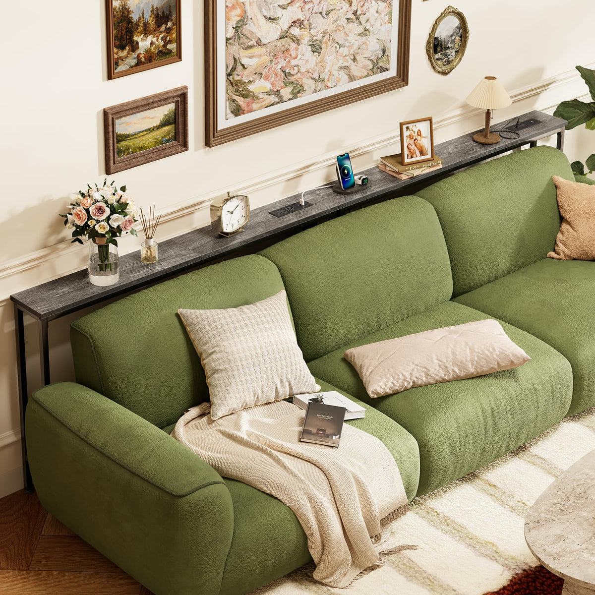 SUPERJARE 110.2 inch Narrow Behind Couch Table with Charging Stations