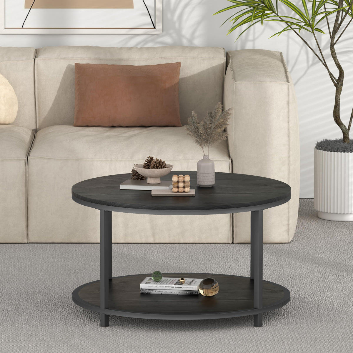 NSdirect Round Coffee Table,36" Coffee Table for Living Room,2-Tier Rustic Wood Desktop with Storage Shelf Modern Design Home Furniture(Light Walnut)