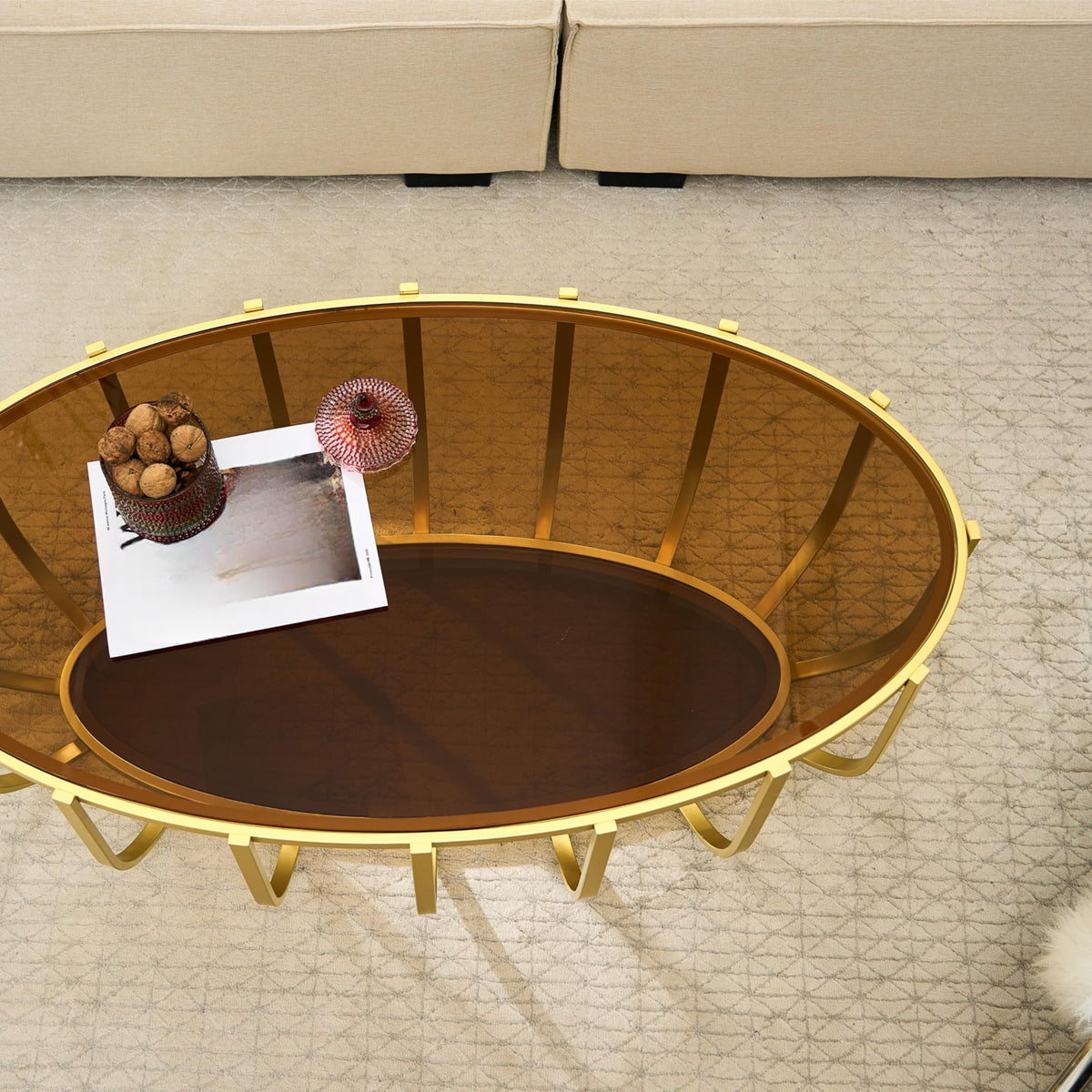 Saint Mossi Gold Round Coffee Table with Clear Glass Top and Glass Shelf