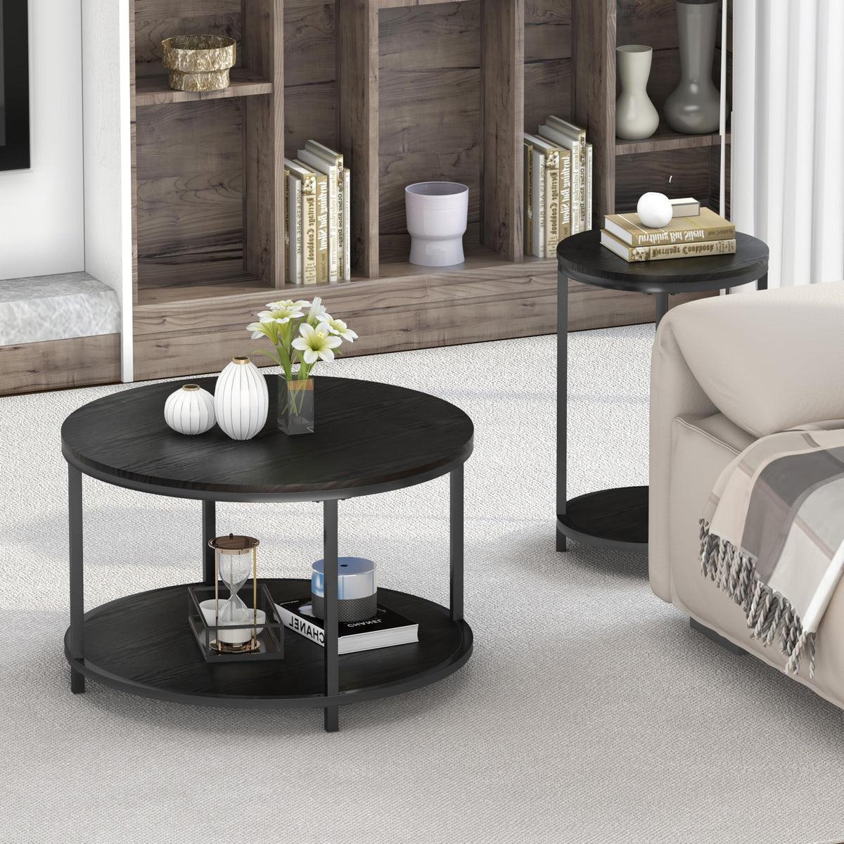 NSdirect Round Coffee Table,36" Coffee Table for Living Room,2-Tier Rustic Wood Desktop with Storage Shelf Modern Design Home Furniture(Light Walnut)