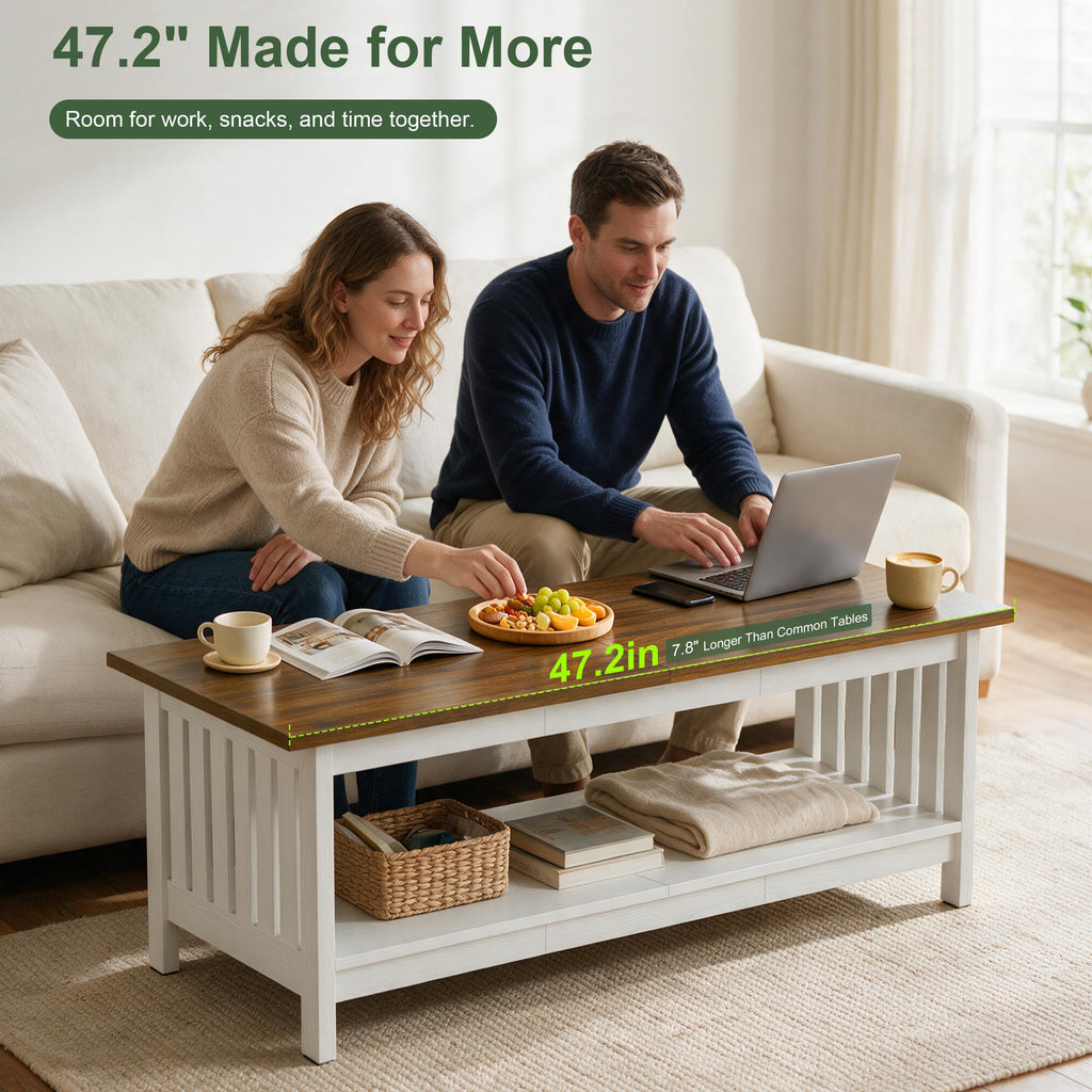 YOSHOOT 47.2" Farmhouse Coffee Table - Coffee Tables for Living Room, Small Coffee Table with Storage, Center Table for Living Room, Bedroom, Office, Black