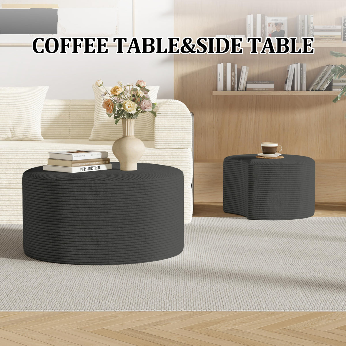 Round Nesting Coffee Table Set of 2,Upholstered Foam Ottoman Footrest Side Table Set,Modern Flannel Circle Coffee Table No Assembly for Living Room Entryway Bedroom,Black