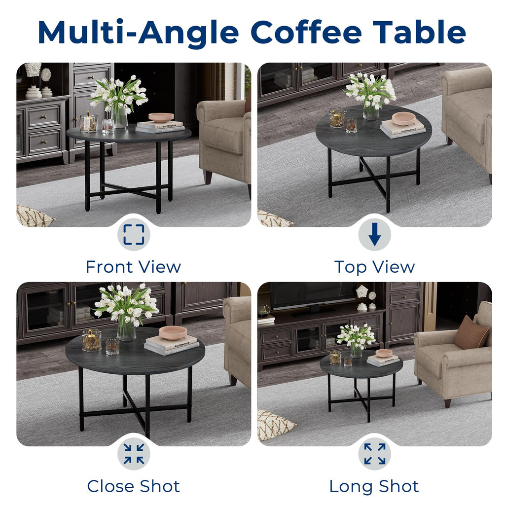 Coffee Tables for Living Room, 27.6" Round Coffee Table, Black Coffee Table