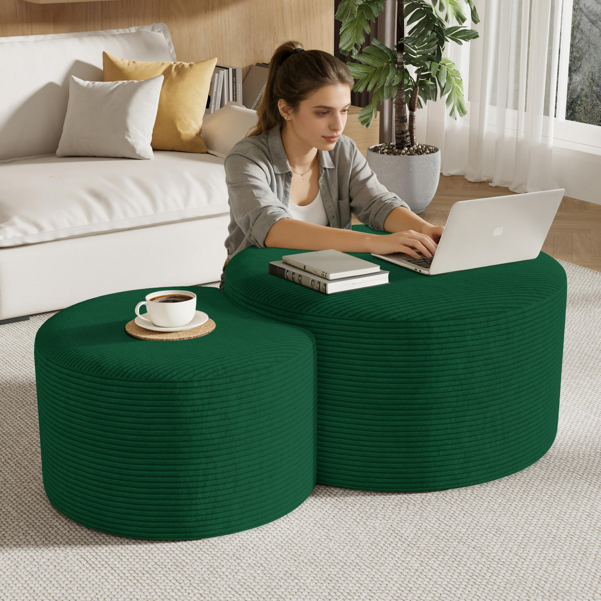 Round Nesting Coffee Table Set of 2,Upholstered Foam Ottoman Footrest Side Table Set,Modern Flannel Circle Coffee Table No Assembly for Living Room Entryway Bedroom,Black