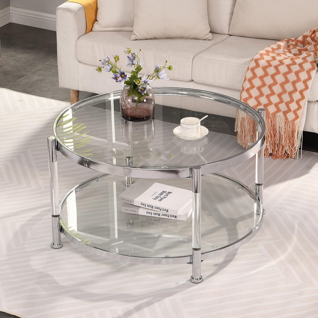 32" Tempered Glass Round Coffee Table Modern Chrome Frame Acrylic Legs Circle Living Room Center Tables