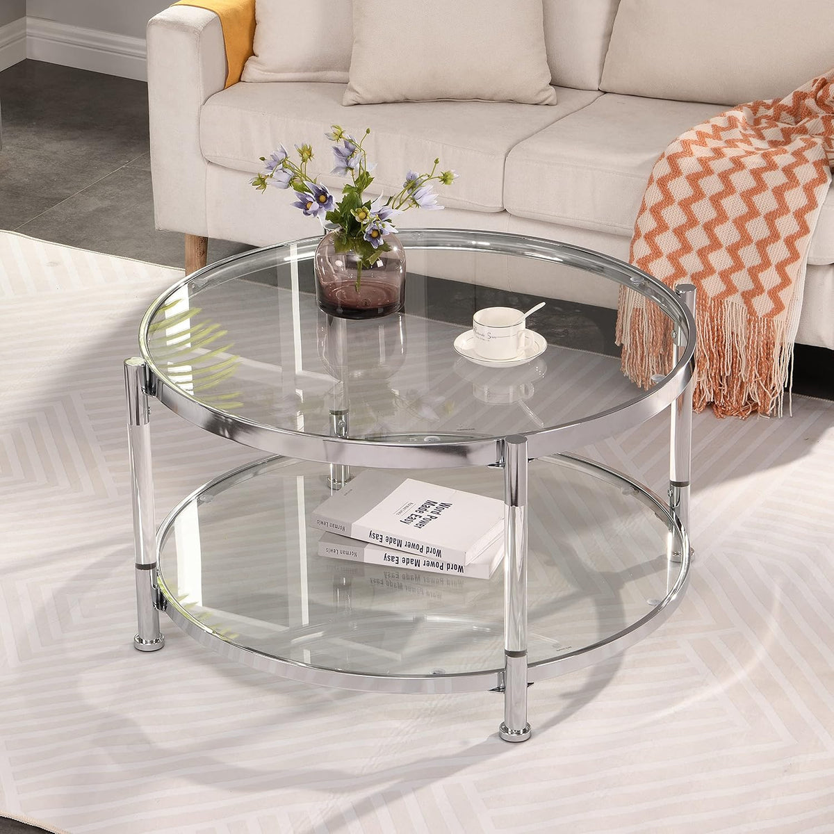 32" Tempered Glass Round Coffee Table Modern Chrome Frame Acrylic Legs Circle Living Room Center Tables