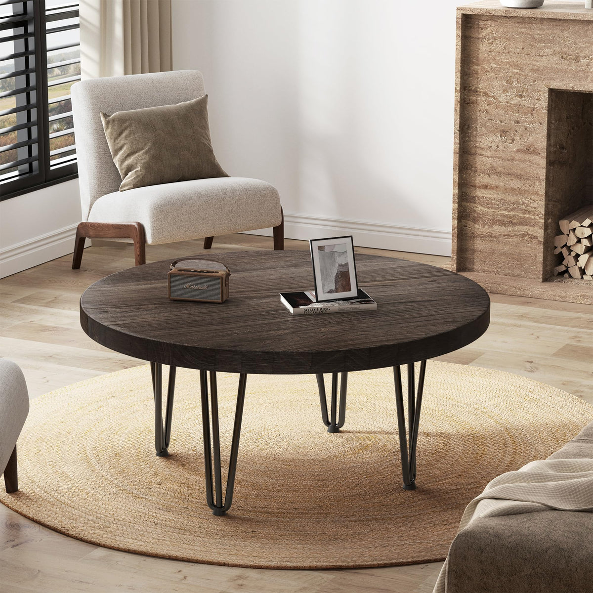 FLYJOE Rustic Wood Round Coffee Table with Metal Legs, Solid Elm Wood Top and Non-Slip Feet Pads - Farmhouse Style for Living Room, Natural