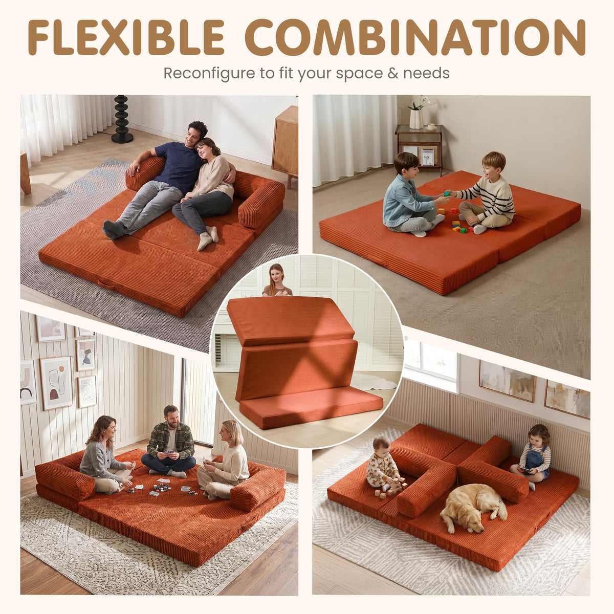 Convertible Sofa Bed Queen,5-in-1 Boneless Couch with Removable Armrests & Handle,Corduroy Futon Sleeper Sofa,Floor Folding Mattress Pull Out Bed for Small Space Apartment Living Room Bedroom,Green