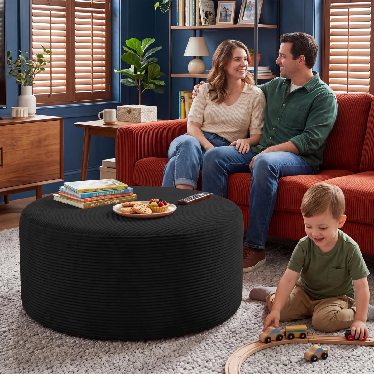 BSHOMGI Nesting Coffee Table Set of 2,Corduroy Ottoman Soft Foot Rest Movable LargePouf Footstool for Living Room Sofa Couch Bedroom Entryway and Small Spaces No Assembly (Blue, 32"+17")