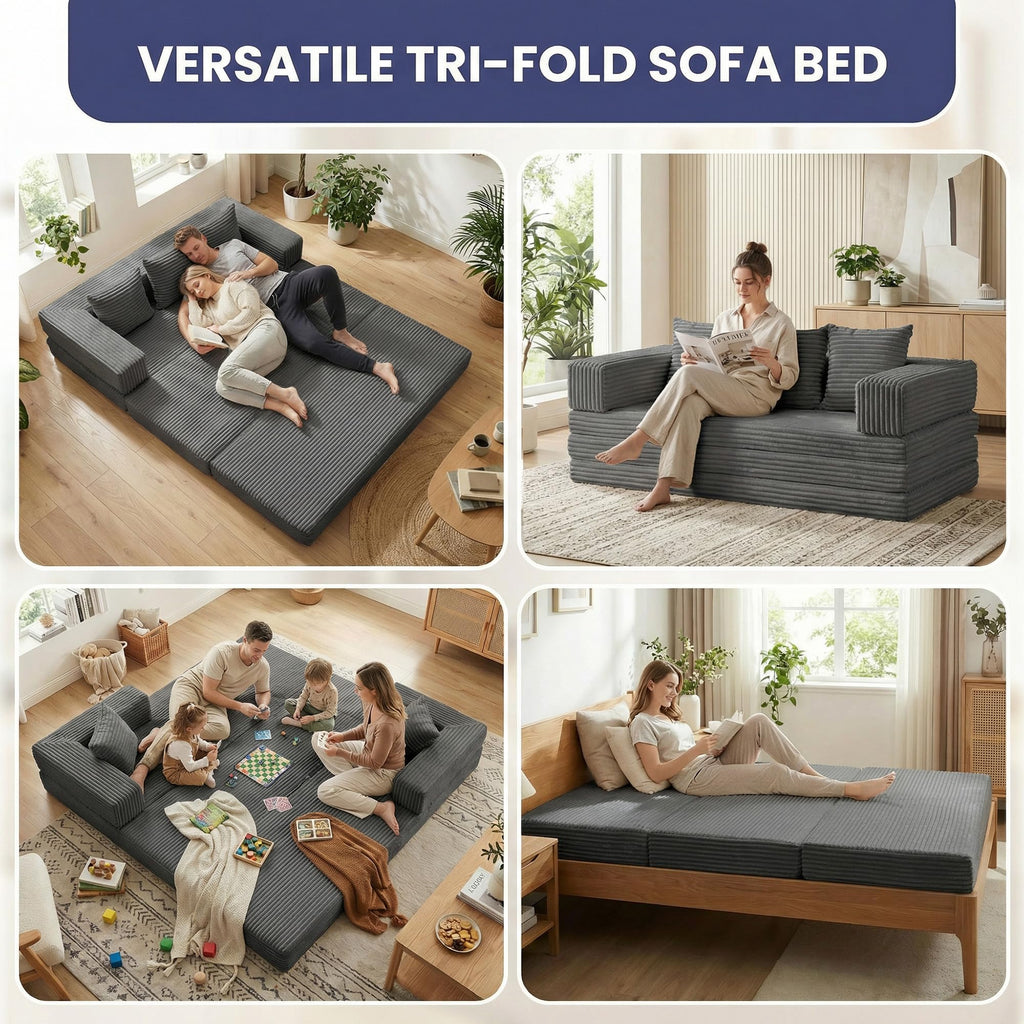 Convertible Sofa Bed, 4-in-1 Boneless Loveseat with Removable Armrests Backrest, Corduroy Futon Couch Bed with Pillow, Foldable Mattress Sleeper Sofa for Living Room Bedroom Small Place (Beige)