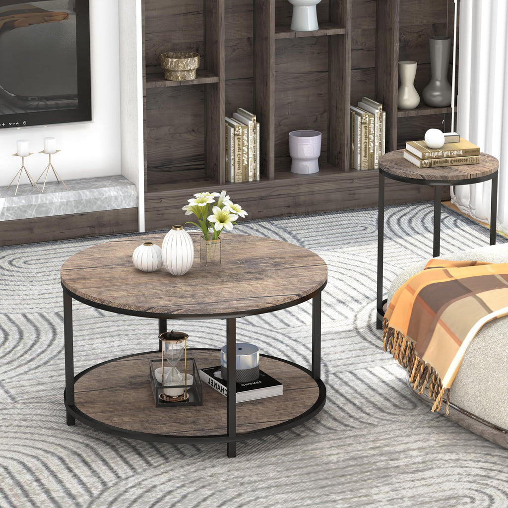 NSdirect Round Coffee Table,36" Coffee Table for Living Room,2-Tier Rustic Wood Desktop with Storage Shelf Modern Design Home Furniture(Light Walnut)