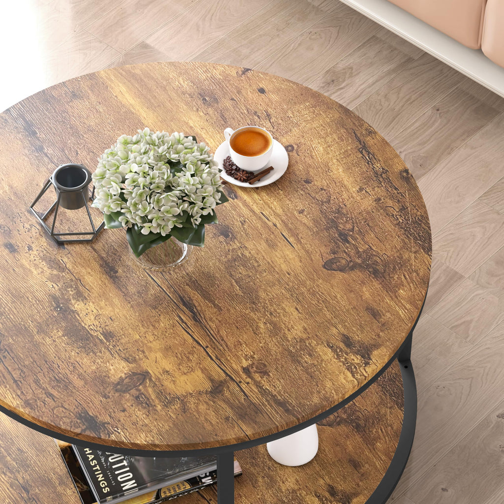 NSdirect Round Coffee Table,36" Coffee Table for Living Room,2-Tier Rustic Wood Desktop with Storage Shelf Modern Design Home Furniture(Light Walnut)