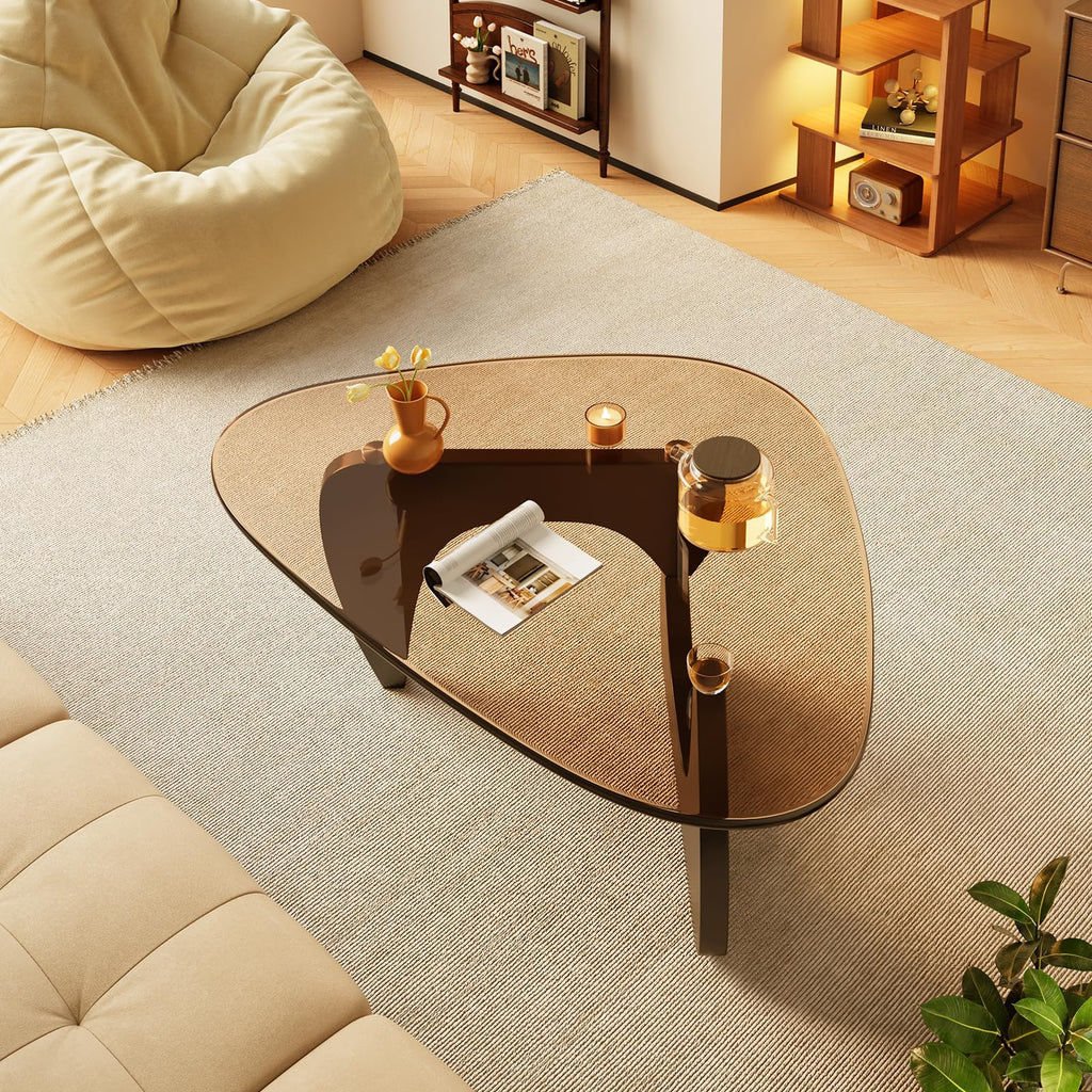 Coffee Tables Glass Small Farmhouse Coffee Table Mid-Century Modern Wood Center Table for Living Room, Walnut Transparent, 32 Inch