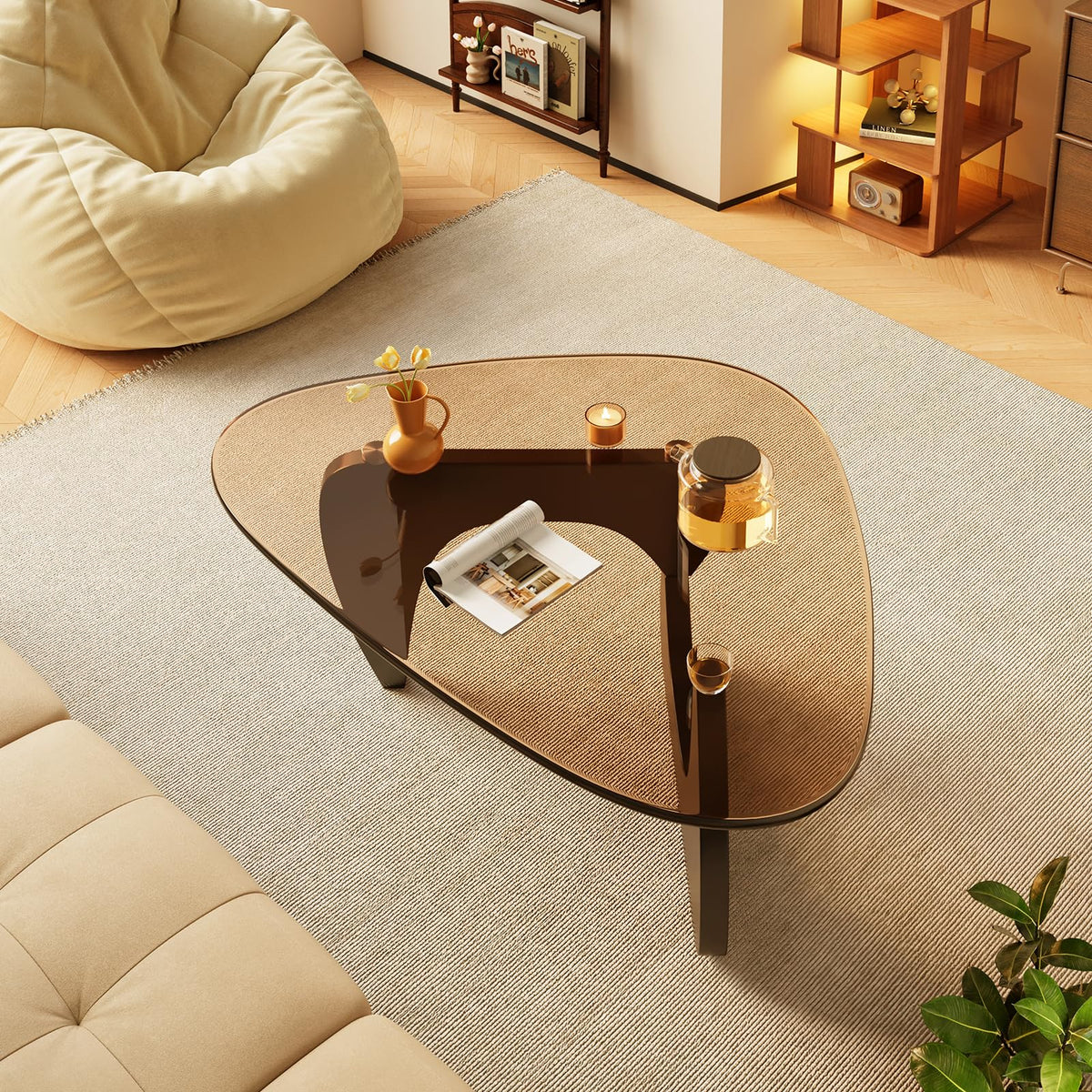 Coffee Tables Glass Small Farmhouse Coffee Table Mid-Century Modern Wood Center Table for Living Room, Walnut Transparent, 32 Inch