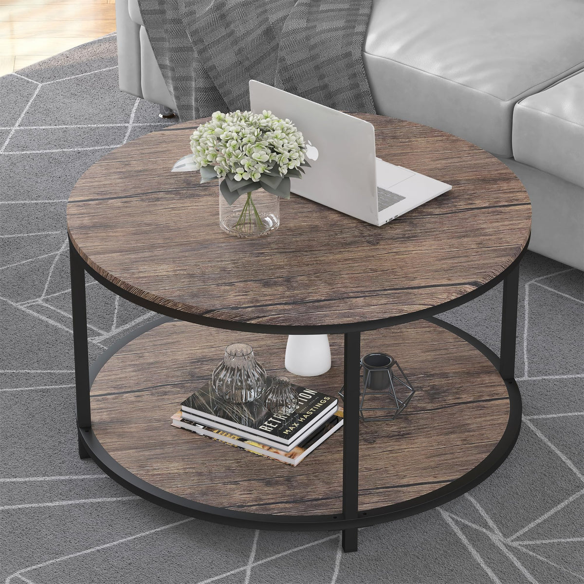 NSdirect Round Coffee Table,36" Coffee Table for Living Room,2-Tier Rustic Wood Desktop with Storage Shelf Modern Design Home Furniture(Light Walnut)
