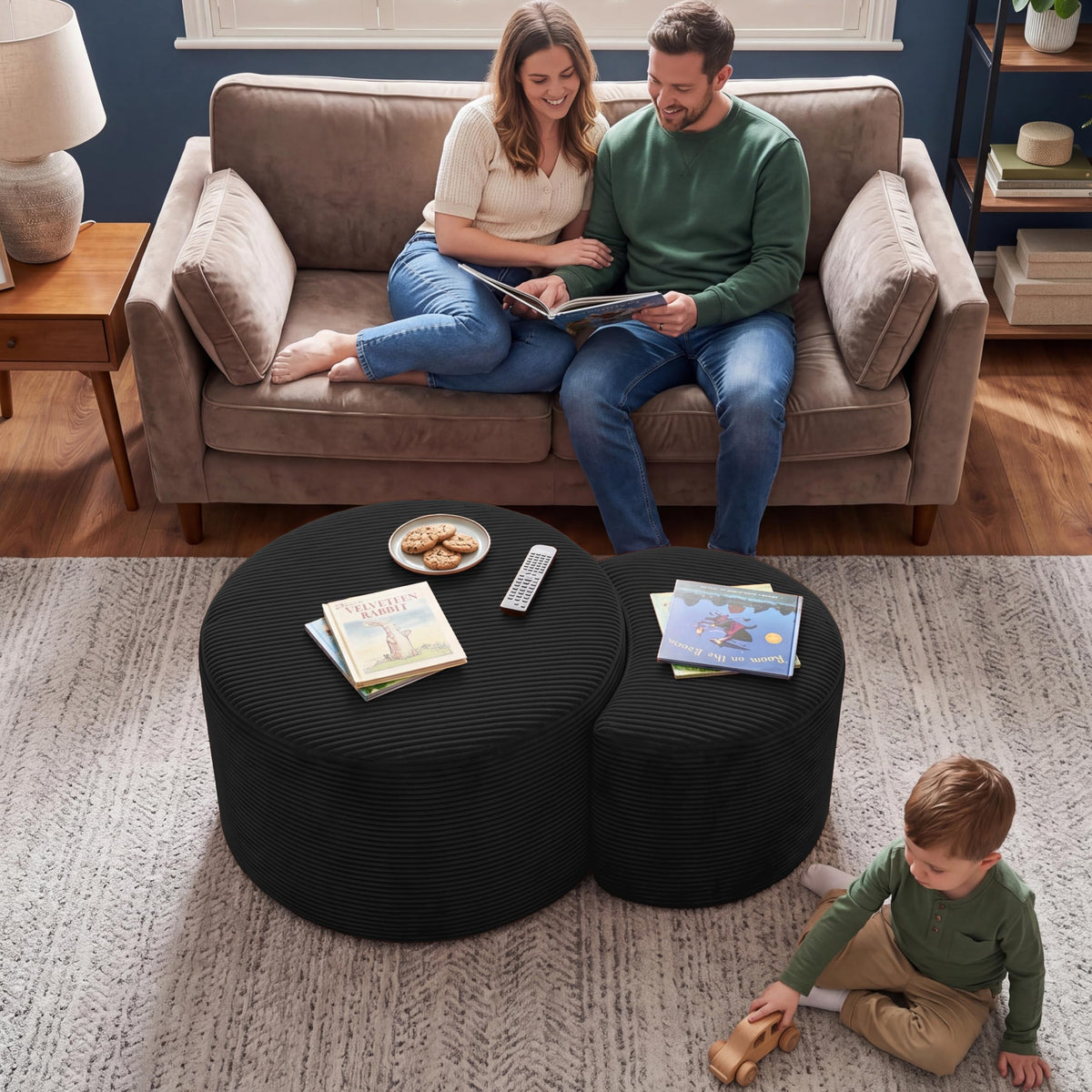 BSHOMGI Nesting Coffee Table Set of 2,Corduroy Ottoman Soft Foot Rest Movable LargePouf Footstool for Living Room Sofa Couch Bedroom Entryway and Small Spaces No Assembly (Blue, 32"+17")