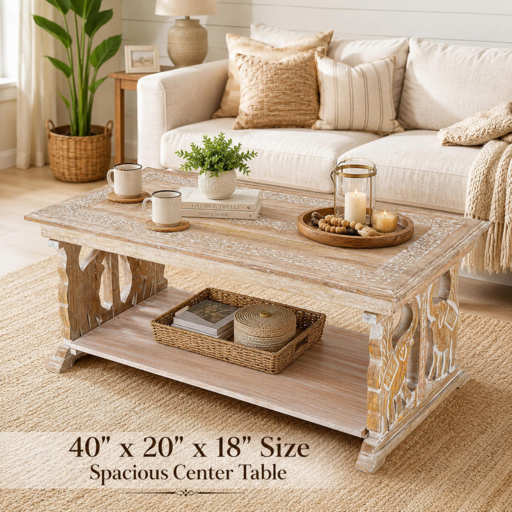 Farmhouse Coffee Table, Jali Carving, 36x24x18 in, Burnt