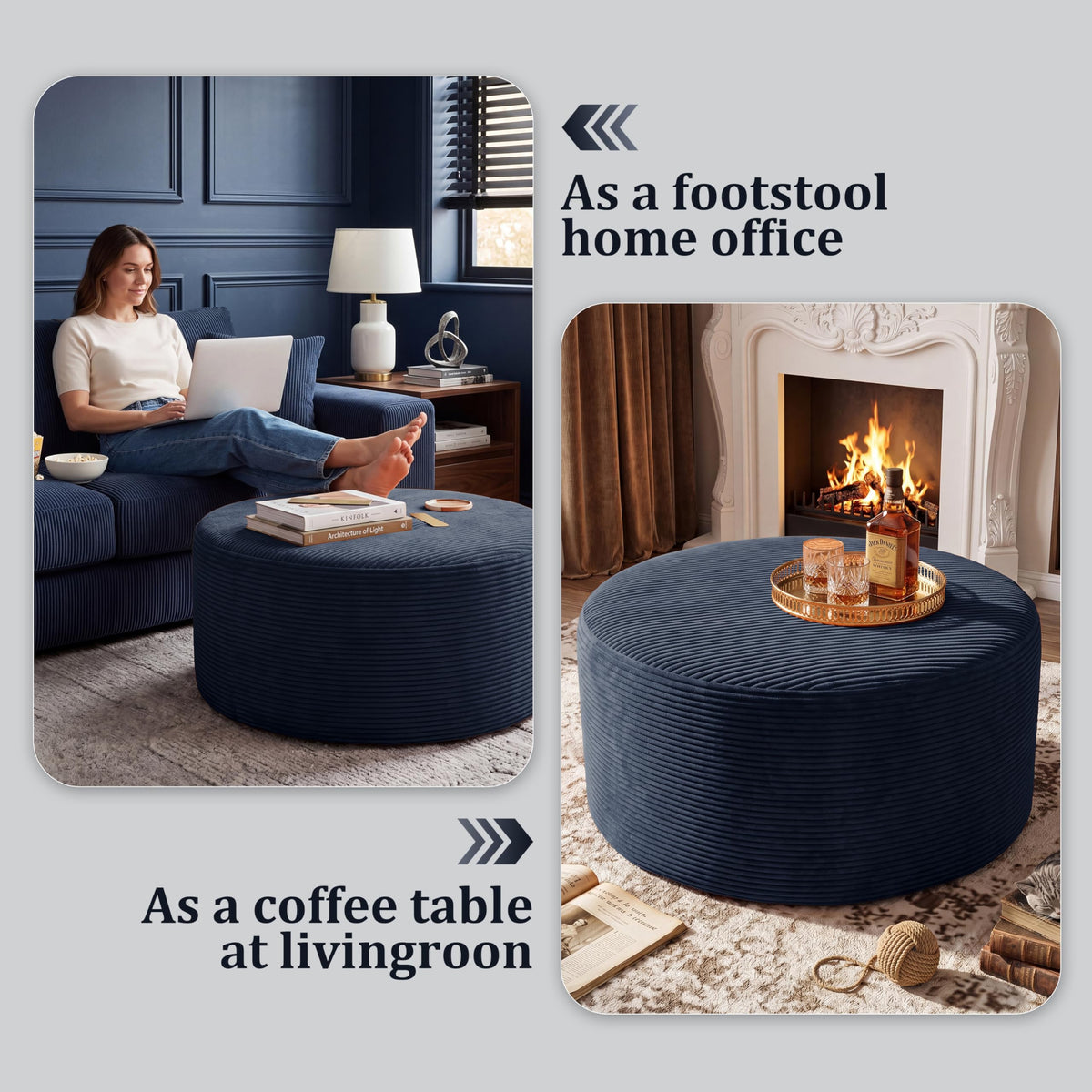 BSHOMGI Nesting Coffee Table Set of 2,Corduroy Ottoman Soft Foot Rest Movable LargePouf Footstool for Living Room Sofa Couch Bedroom Entryway and Small Spaces No Assembly (Blue, 32"+17")