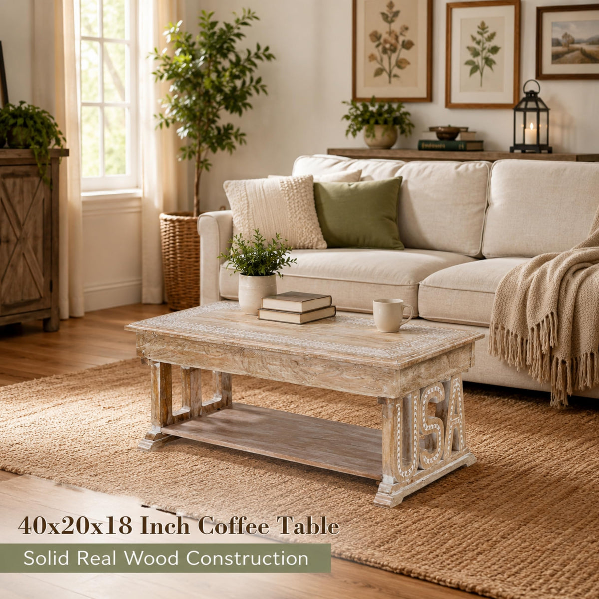Farmhouse Coffee Table, Jali Carving, 36x24x18 in, Burnt