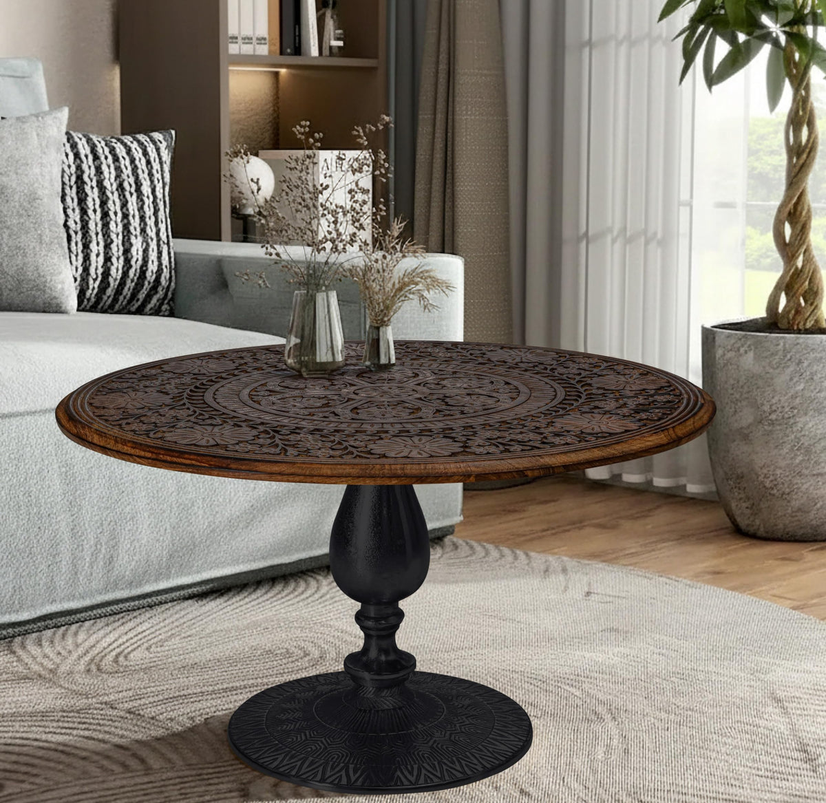 Farmhouse Coffee Table, Jali Carving, 36x24x18 in, Burnt