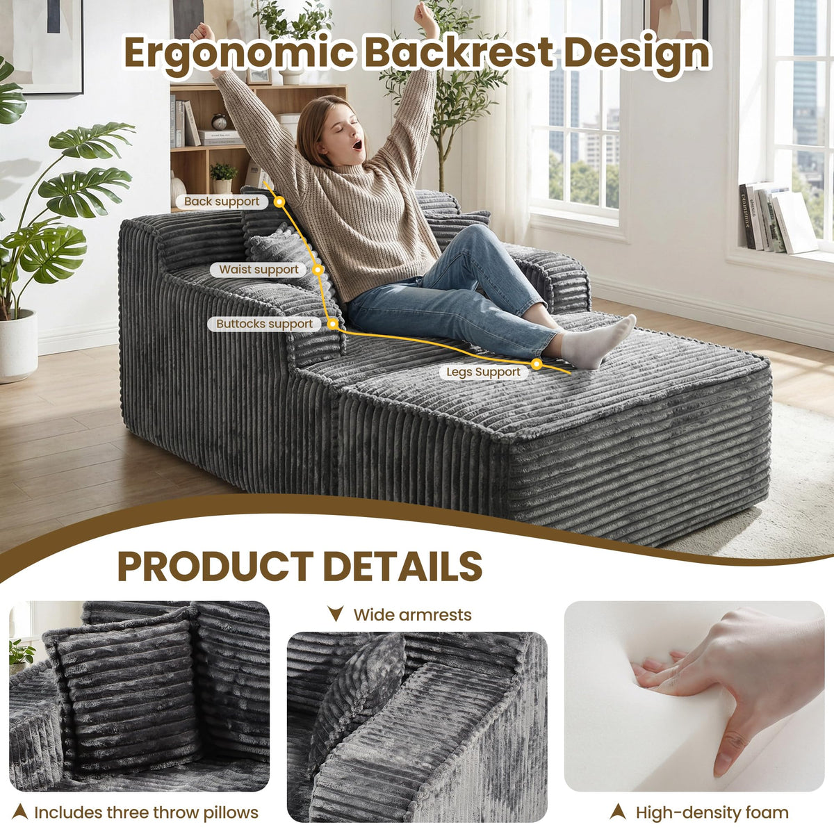 Chaise Lounge Chair Indoor,Boneless Chair with Ottoman,Comfy Reading Chair for Adults,Small Sofa Bed Couch for Living Room,Single Sleeper Chair Bed,Beige