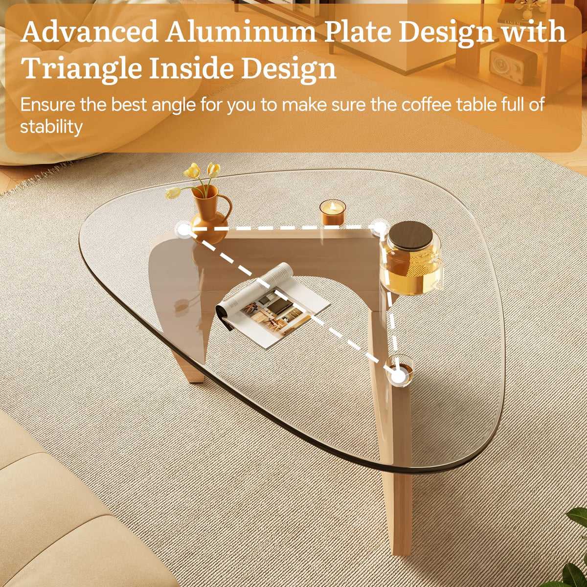 Coffee Tables Glass Small Farmhouse Coffee Table Mid-Century Modern Wood Center Table for Living Room, Walnut Transparent, 32 Inch