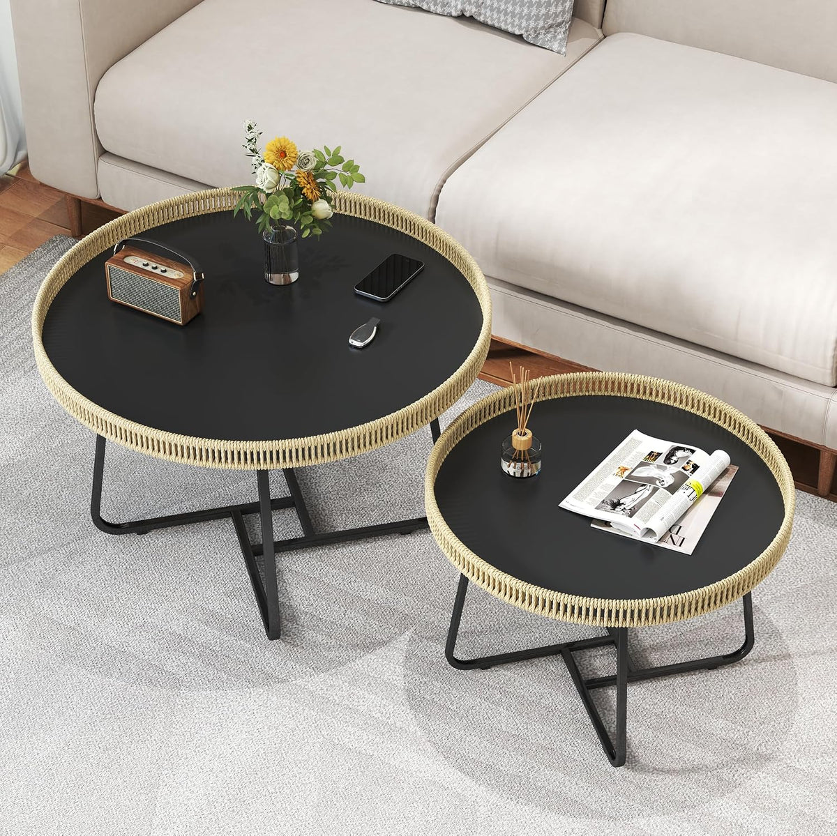 Round Nesting Coffee Table Set of 2, 27.6"+19.7" Nesting Side Tables with Woven Edge and Metal Frame, Modern Circle End Tables for Living Room Bedroom Office Balcony Yard Patio Indoor Outdoor
