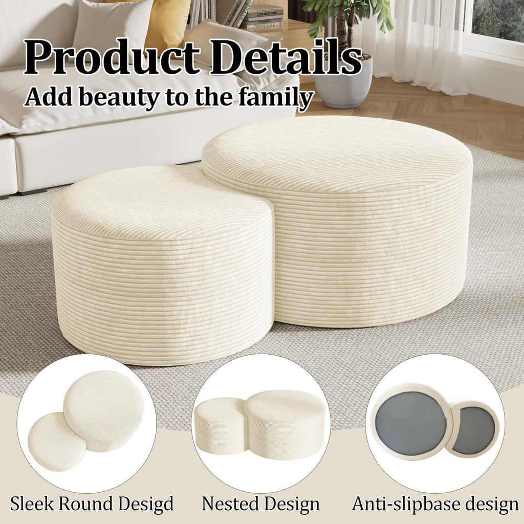 Round Nesting Coffee Table Set of 2,Upholstered Foam Ottoman Footrest Side Table Set,Modern Flannel Circle Coffee Table No Assembly for Living Room Entryway Bedroom,Black