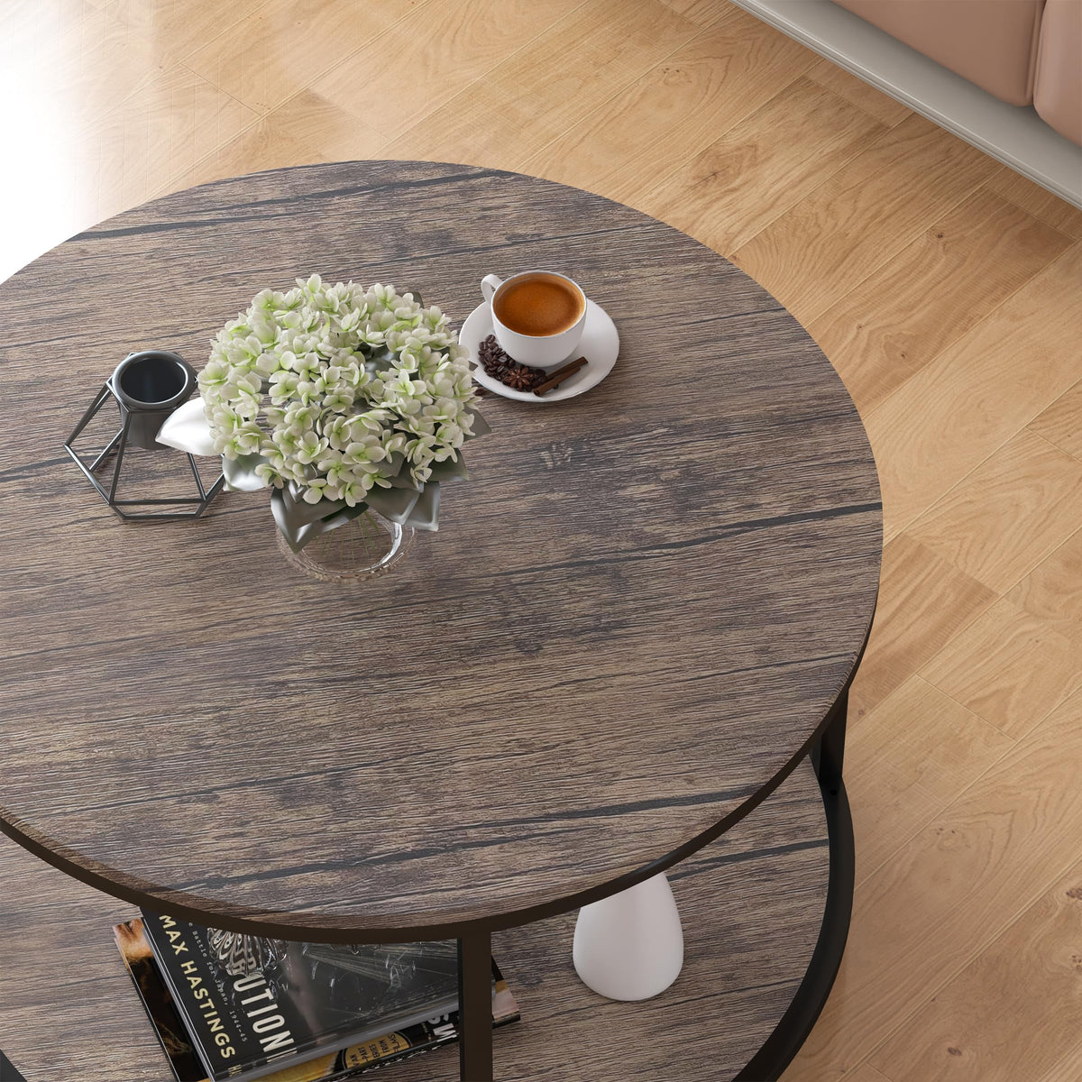 NSdirect Round Coffee Table,36" Coffee Table for Living Room,2-Tier Rustic Wood Desktop with Storage Shelf Modern Design Home Furniture(Light Walnut)