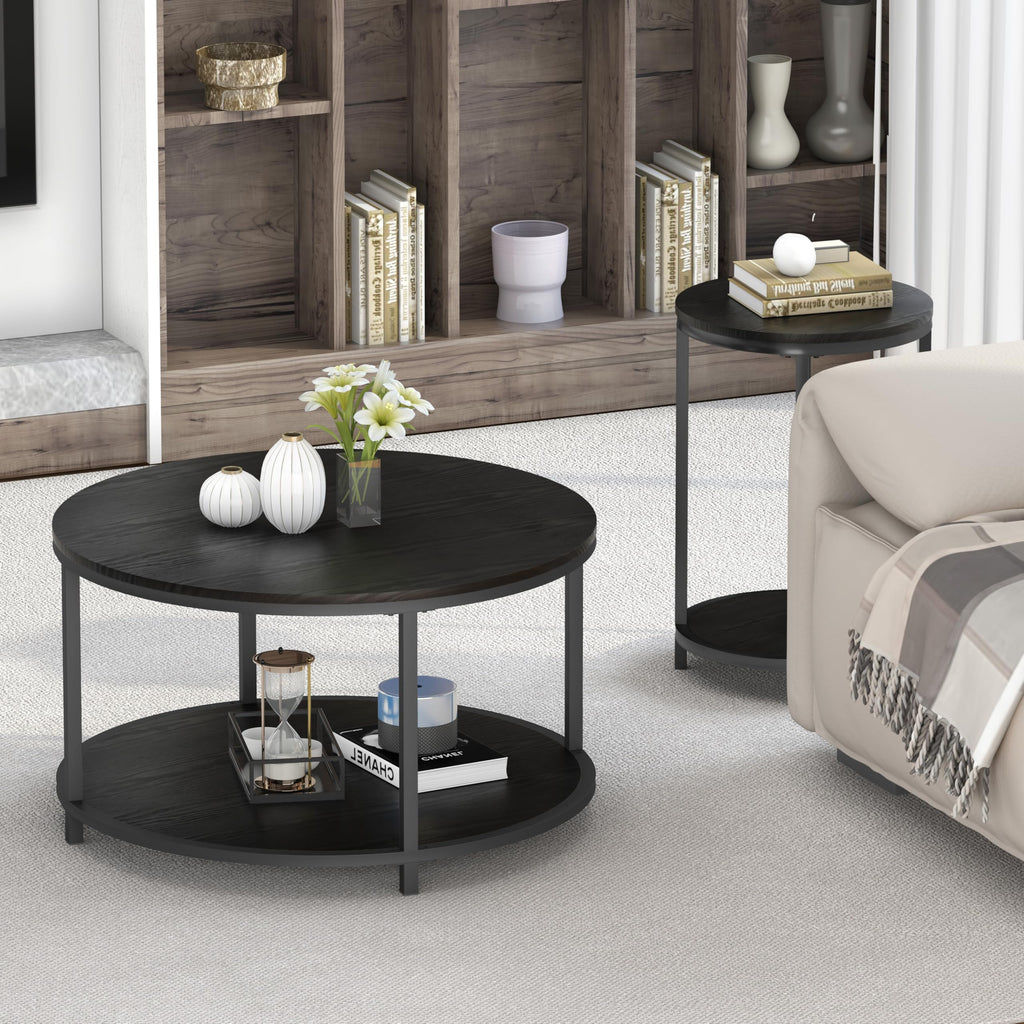 NSdirect Round Coffee Table,36" Coffee Table for Living Room,2-Tier Rustic Wood Desktop with Storage Shelf Modern Design Home Furniture(Light Walnut)