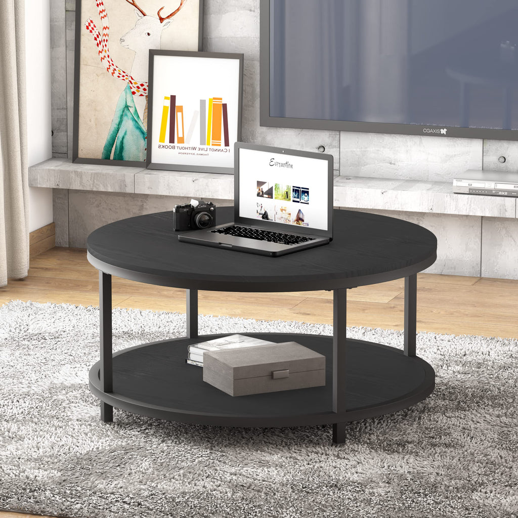 NSdirect Round Coffee Table,36" Coffee Table for Living Room,2-Tier Rustic Wood Desktop with Storage Shelf Modern Design Home Furniture(Light Walnut)