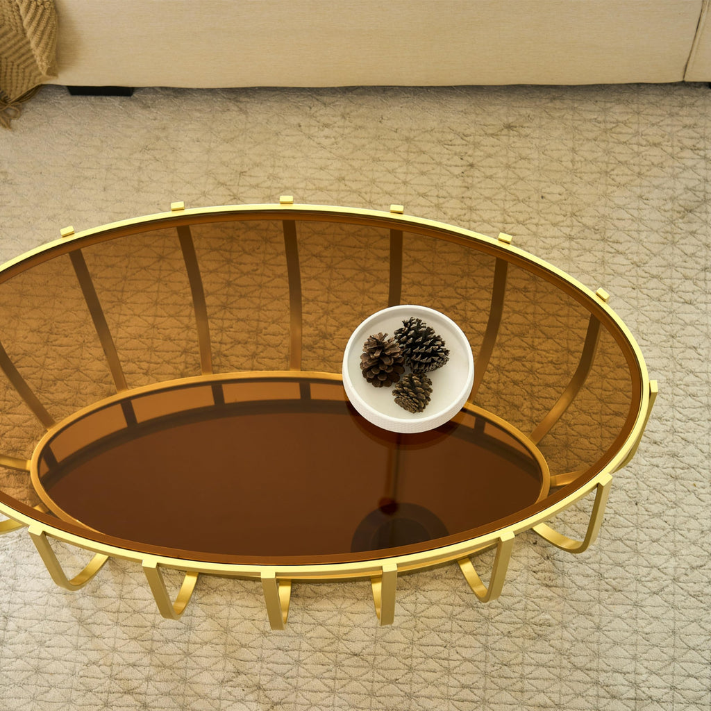 Saint Mossi Gold Round Coffee Table with Clear Glass Top and Glass Shelf